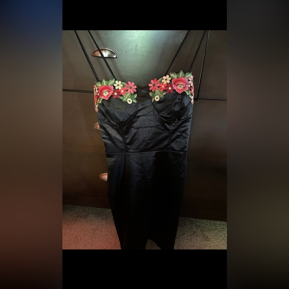 black dress embroidered flowers